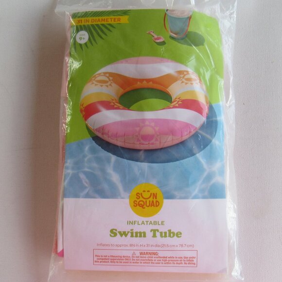 NEW Sun Squad Inflatable Swim Tube 8.5 in H  x 31in  Diameter Striped With Sun - Picture 2 of 3